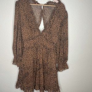 Womens Spring Summer Deep V Neck Ruffle Long Sleeve Floral Print Mini Dress